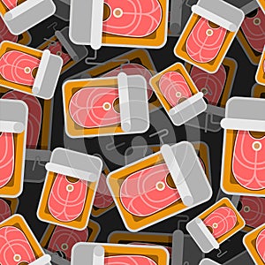 Canned fish pattern seamless. preserve piscineÂ tinned goods background. Vector ornament. Food texture